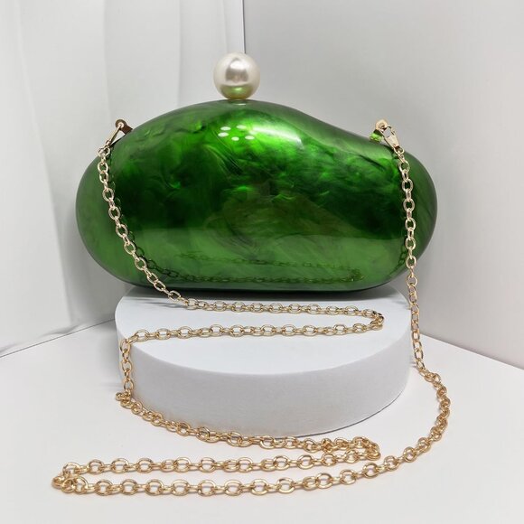 Acrylic Evening Clutch Purse for Women Dark Green Pearl Chain Chic Handbag - Picture 7 of 8